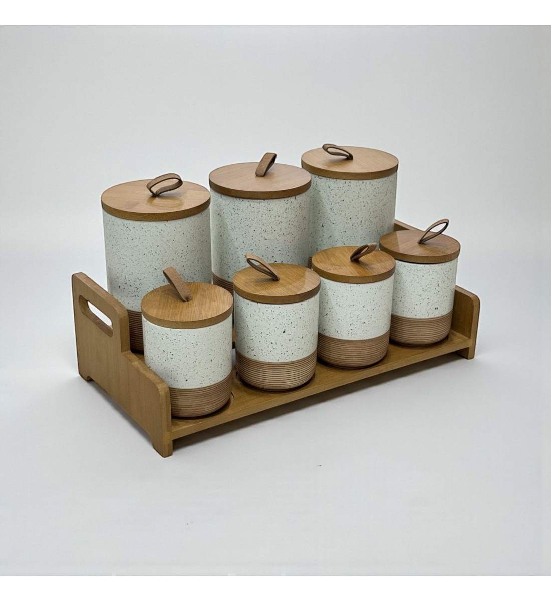طقم علب تخزين المطبخ مع حامل خشبي – 7 قطع طقم علب تخزين المطبخ مع حامل خشبي – 7 قطع