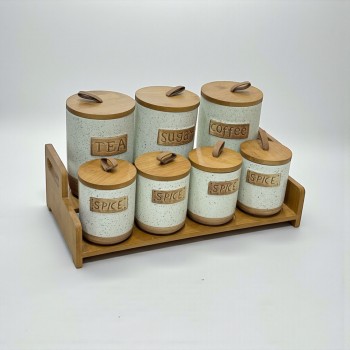 طقم علب تخزين المطبخ مع حامل خشبي – 7 قطع