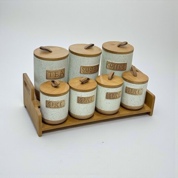 طقم علب تخزين المطبخ مع حامل خشبي – 7 قطع