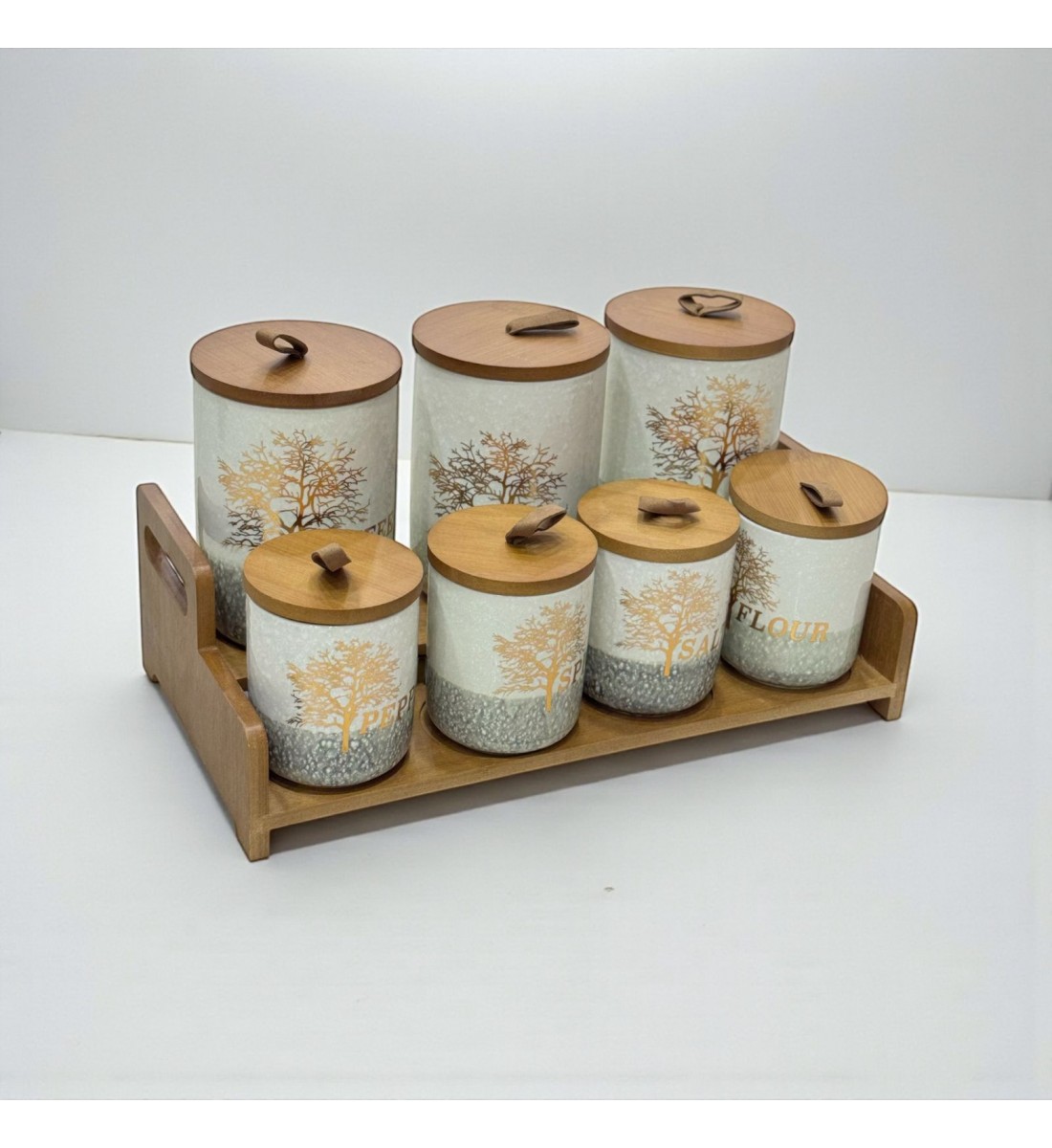طقم علب تخزين المطبخ مع حامل خشبي – 7 قطع طقم علب تخزين المطبخ مع حامل خشبي – 7 قطع