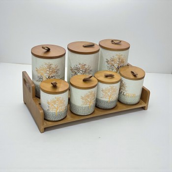 طقم علب تخزين المطبخ مع حامل خشبي – 7 قطع