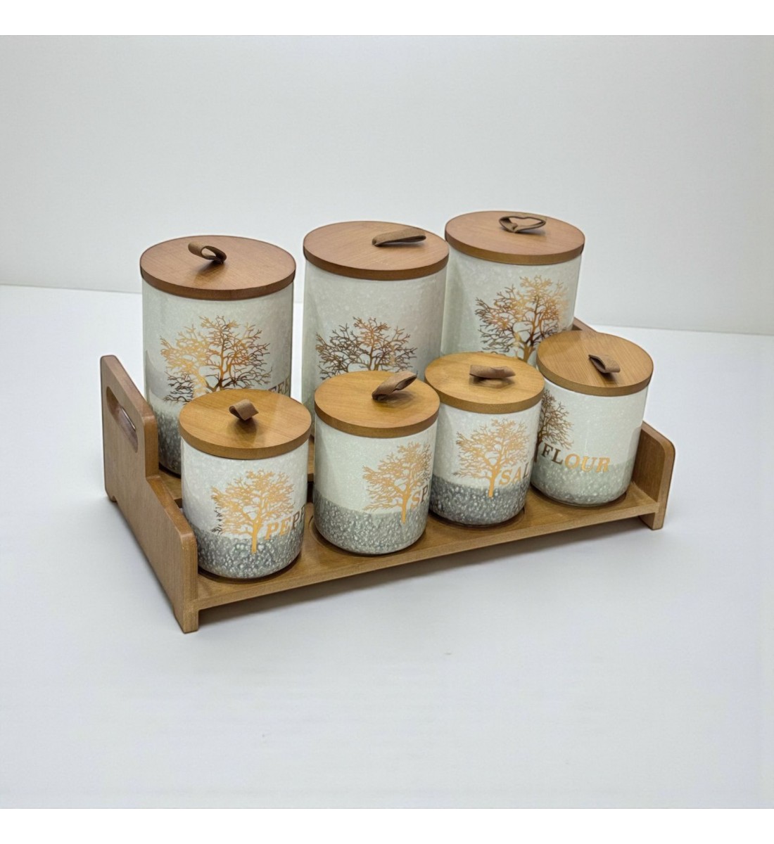 طقم علب تخزين المطبخ مع حامل خشبي – 7 قطع طقم علب تخزين المطبخ مع حامل خشبي – 7 قطع
