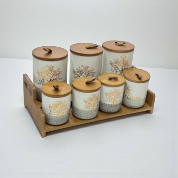 طقم علب تخزين المطبخ مع حامل خشبي – 7 قطع