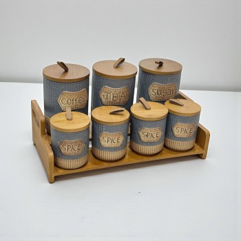 طقم علب تخزين المطبخ مع حامل خشبي – 7 قطع