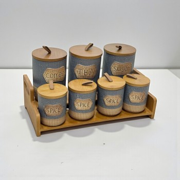 طقم علب تخزين المطبخ مع حامل خشبي – 7 قطع