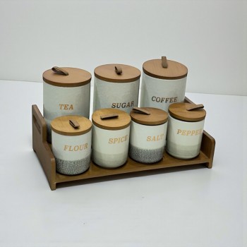 طقم علب تخزين المطبخ مع حامل خشبي – 7 قطع