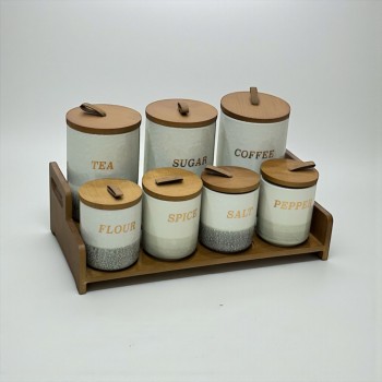 طقم علب تخزين المطبخ مع حامل خشبي – 7 قطع