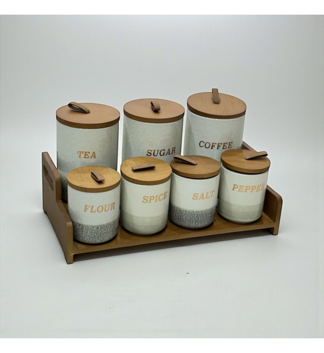 طقم علب تخزين المطبخ مع حامل خشبي – 7 قطع طقم علب تخزين المطبخ مع حامل خشبي – 7 قطع