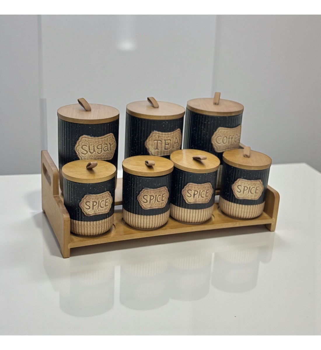 طقم علب تخزين المطبخ مع حامل خشبي – 7 قطع
