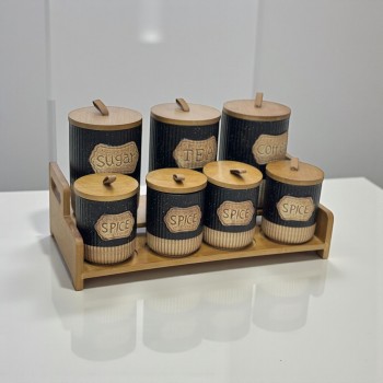 طقم علب تخزين المطبخ مع حامل خشبي – 7 قطع