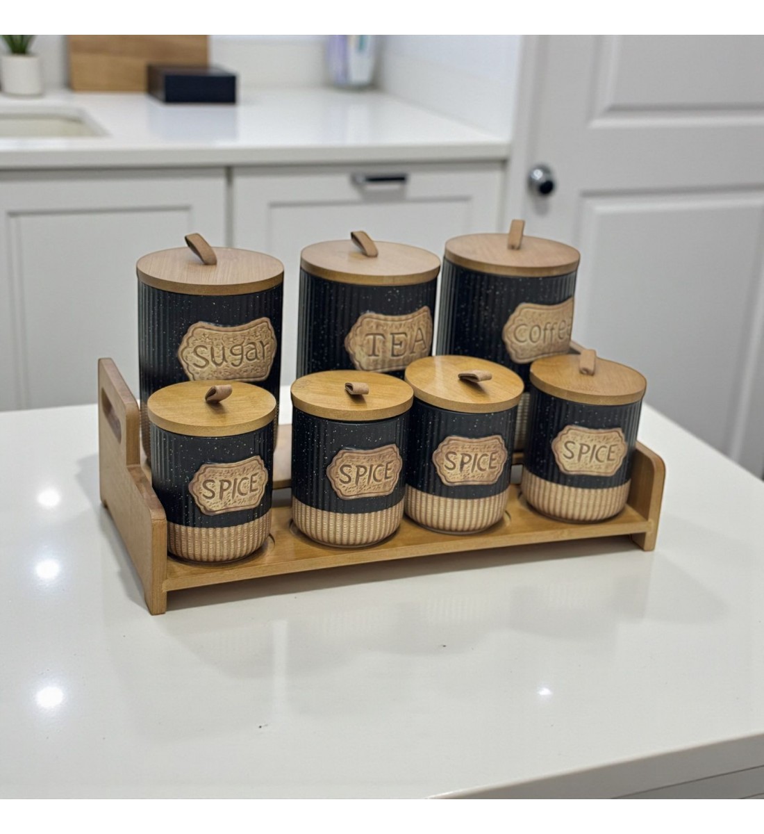 طقم علب تخزين المطبخ مع حامل خشبي – 7 قطع