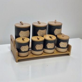 طقم علب تخزين المطبخ مع حامل خشبي – 7 قطع