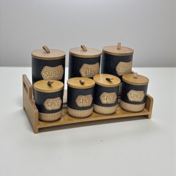 طقم علب تخزين المطبخ مع حامل خشبي – 7 قطع