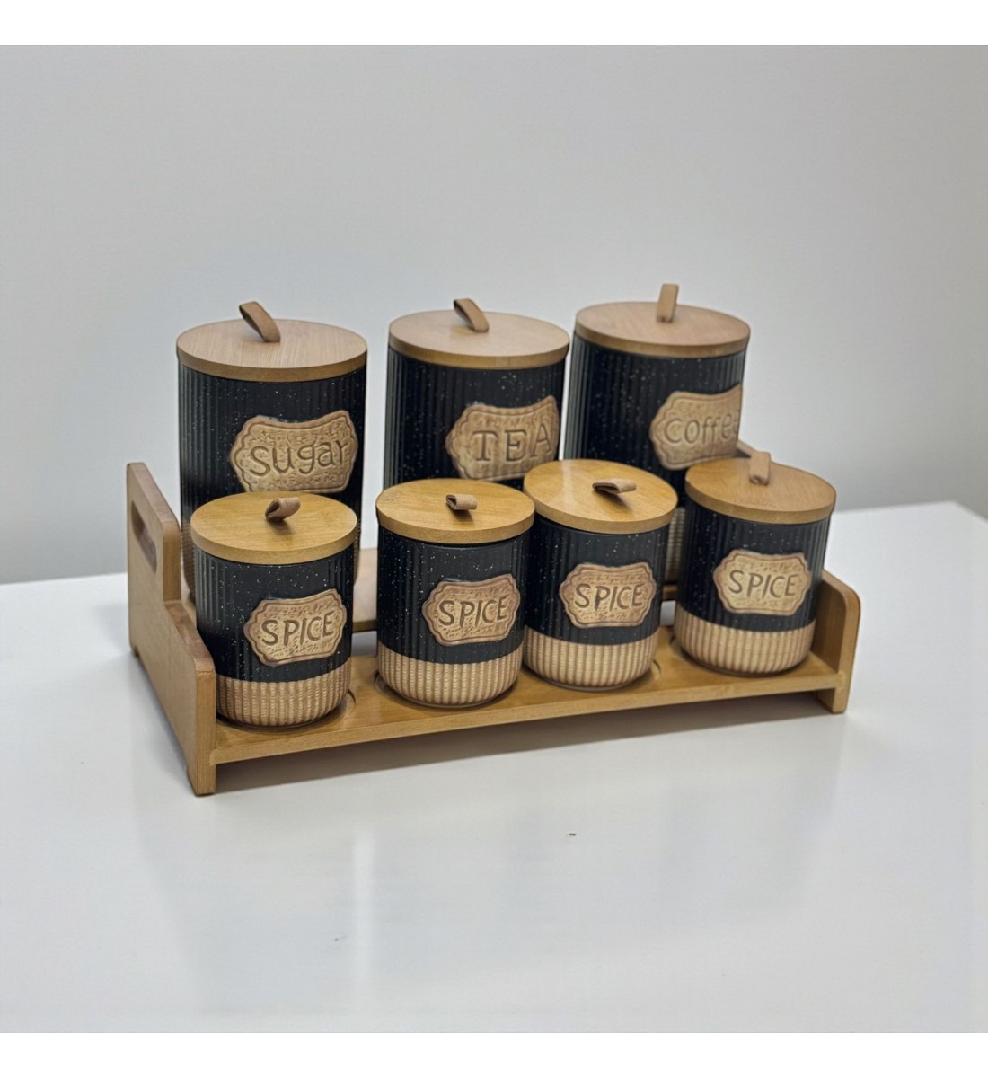 طقم علب تخزين المطبخ مع حامل خشبي – 7 قطع طقم علب تخزين المطبخ مع حامل خشبي – 7 قطع