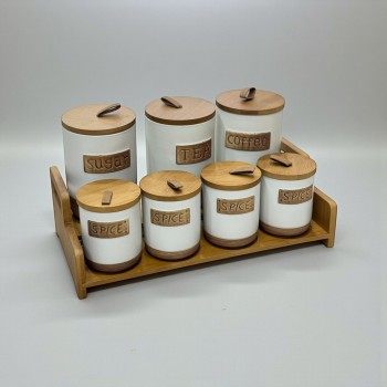 طقم علب تخزين المطبخ مع حامل خشبي – 7 قطع