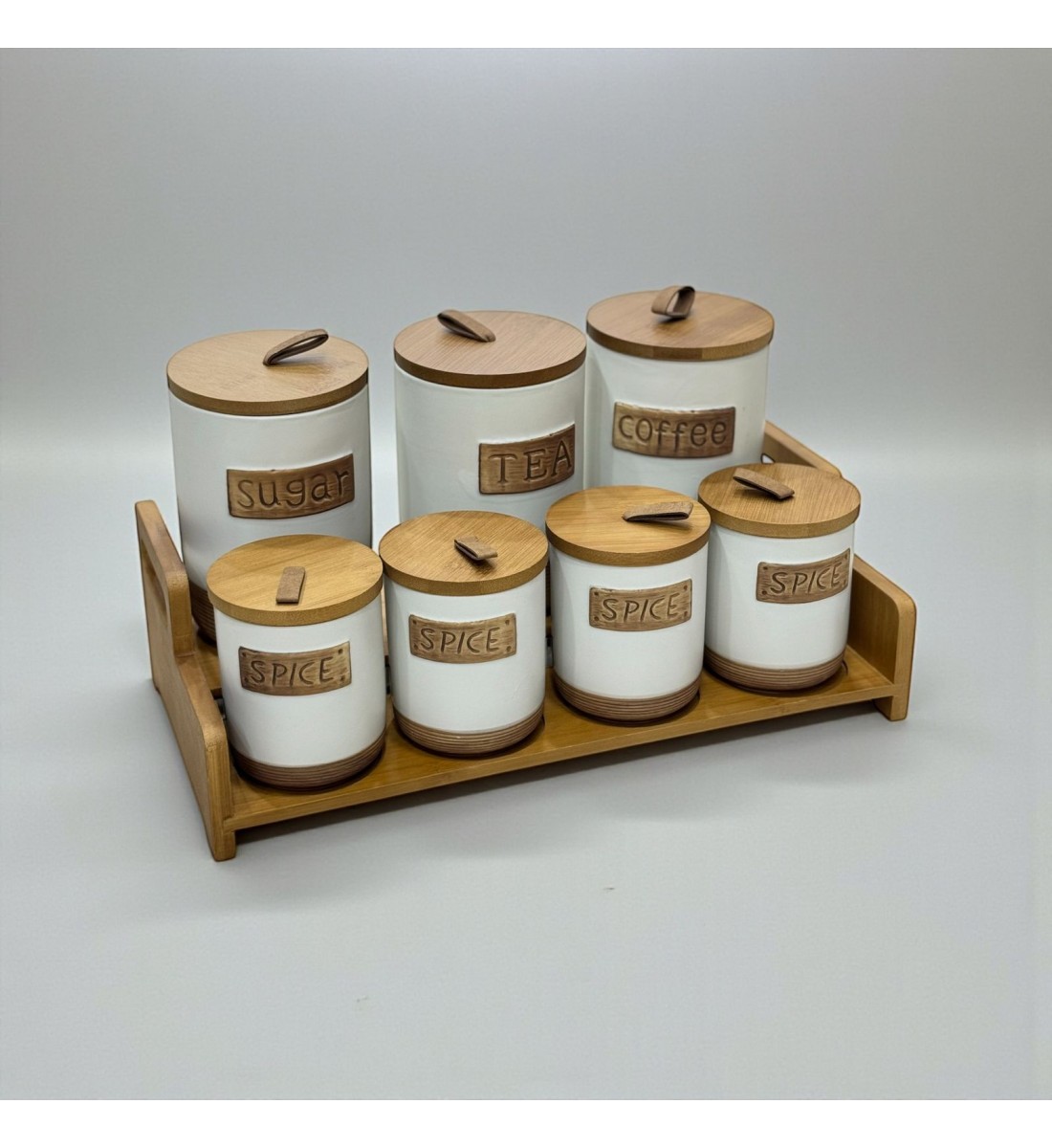 طقم علب تخزين المطبخ مع حامل خشبي – 7 قطع