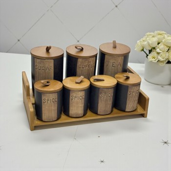 طقم علب تخزين المطبخ مع حامل خشبي – 7 قطع