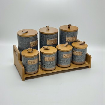 طقم علب تخزين المطبخ مع حامل خشبي – 7 قطع