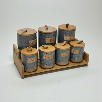 طقم علب تخزين المطبخ مع حامل خشبي – 7 قطع