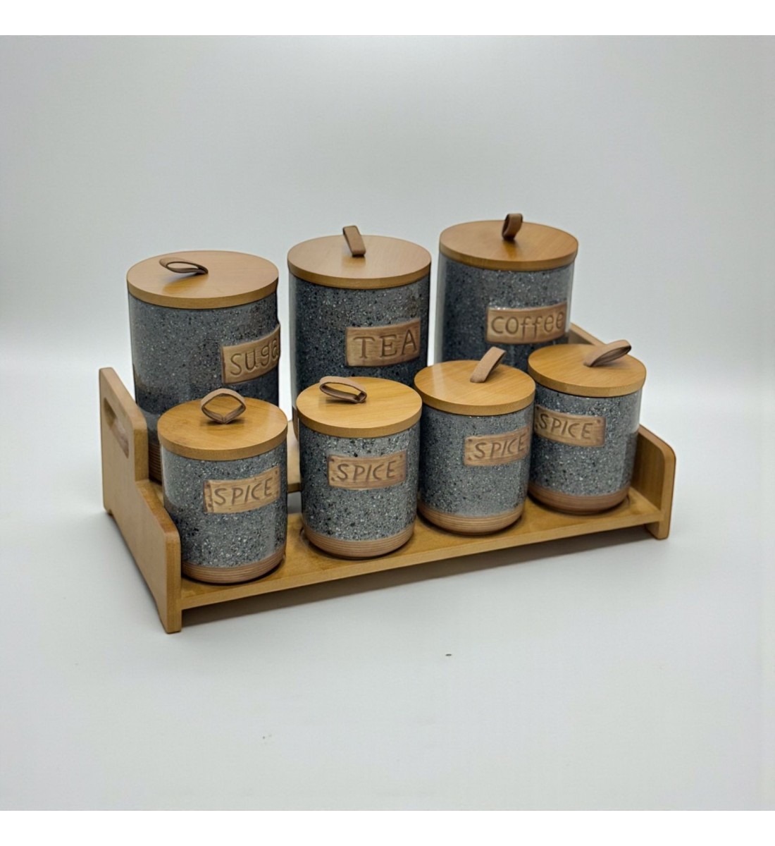 طقم علب تخزين المطبخ مع حامل خشبي – 7 قطع طقم علب تخزين المطبخ مع حامل خشبي – 7 قطع