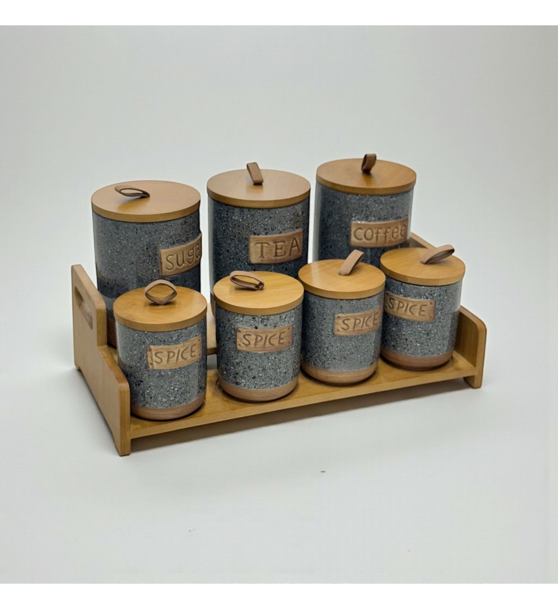 طقم علب تخزين المطبخ مع حامل خشبي – 7 قطع طقم علب تخزين المطبخ مع حامل خشبي – 7 قطع