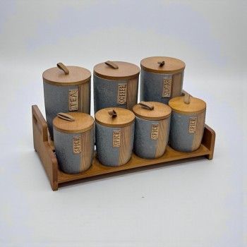 طقم علب تخزين المطبخ مع حامل خشبي – 7 قطع