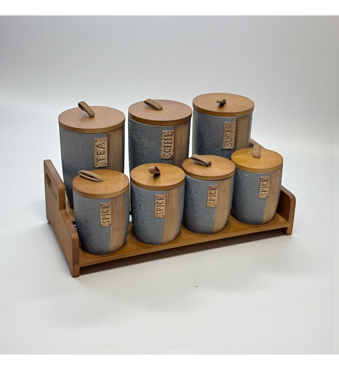 طقم علب تخزين المطبخ مع حامل خشبي – 7 قطع