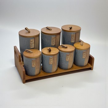 طقم علب تخزين المطبخ مع حامل خشبي – 7 قطع