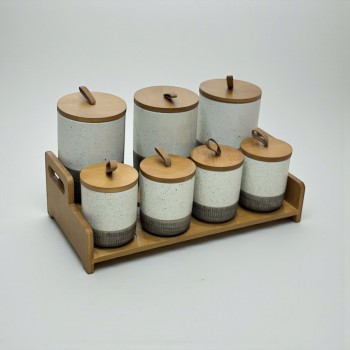 طقم علب تخزين المطبخ مع حامل خشبي – 7 قطع