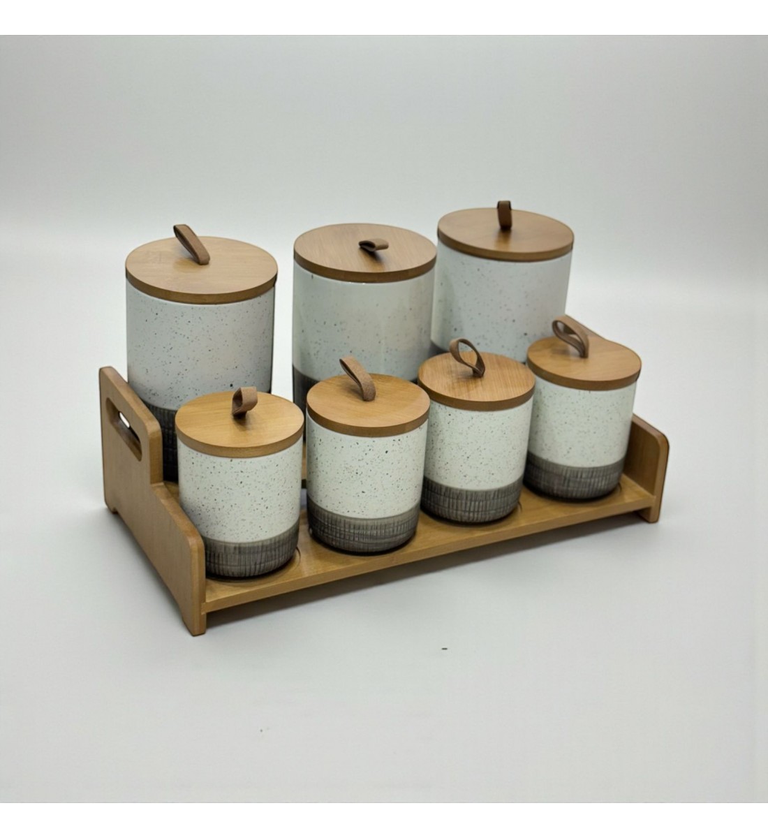 طقم علب تخزين المطبخ مع حامل خشبي – 7 قطع طقم علب تخزين المطبخ مع حامل خشبي – 7 قطع