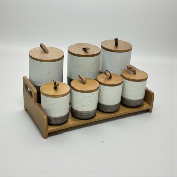 طقم علب تخزين المطبخ مع حامل خشبي – 7 قطع