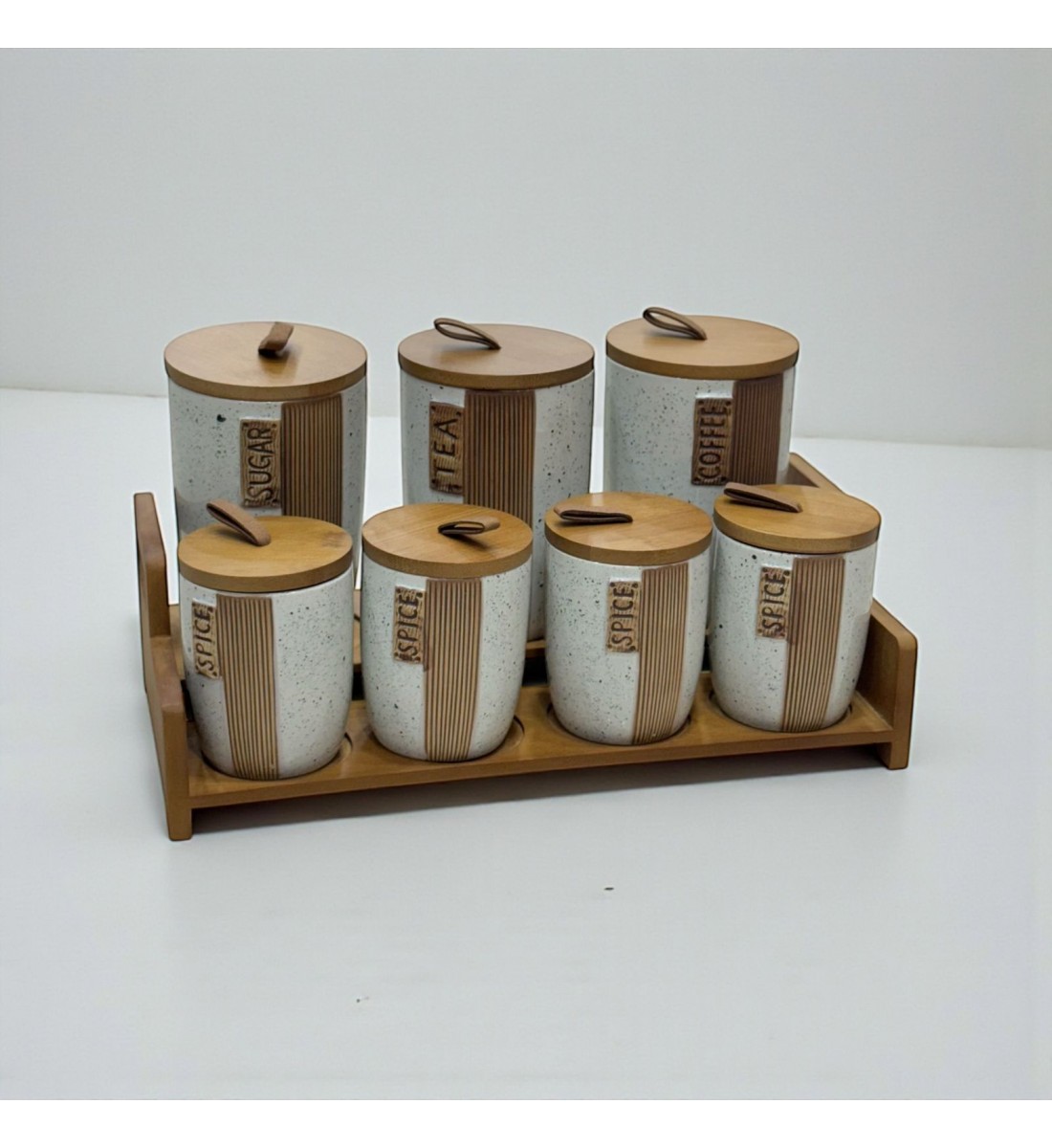 طقم علب تخزين المطبخ مع حامل خشبي – 7 قطع سيرميك طقم علب تخزين المطبخ مع حامل خشبي – 7 قطع سيرميك