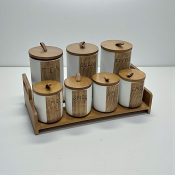 طقم علب تخزين المطبخ مع حامل خشبي – 7 قطع سيرميك 