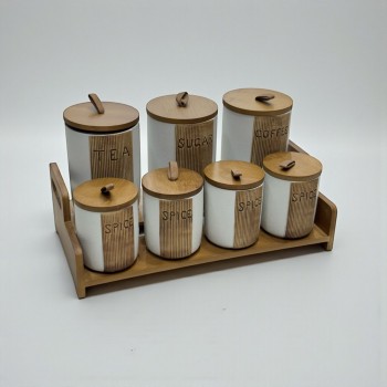 طقم علب تخزين المطبخ مع حامل خشبي – 7 قطع سيرميك طقم علب تخزين المطبخ مع حامل خشبي – 7 قطع سيرميك