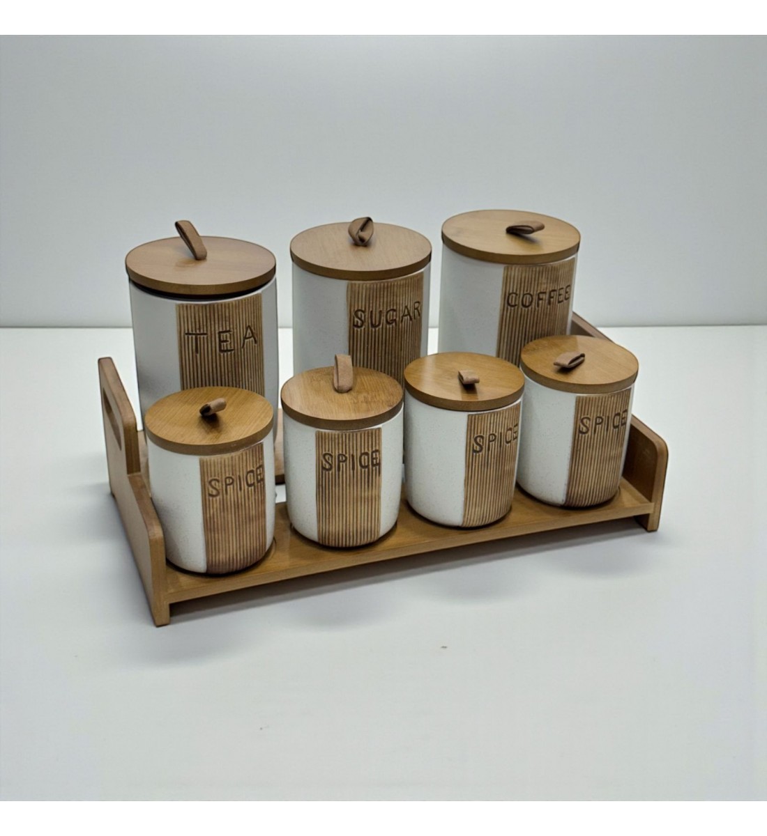 طقم علب تخزين المطبخ مع حامل خشبي – 7 قطع سيرميك 