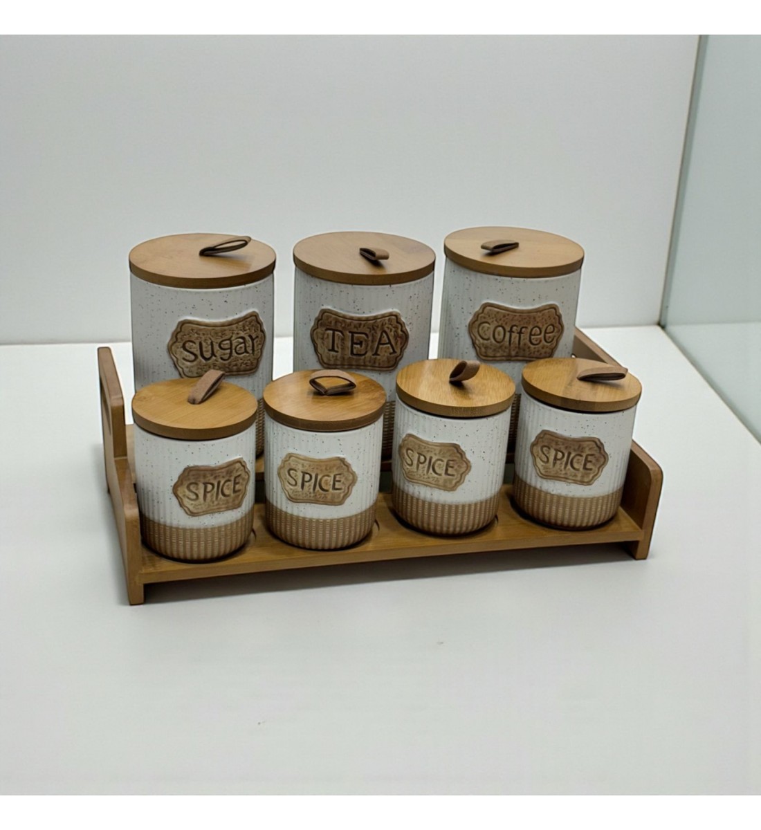 طقم علب تخزين المطبخ مع حامل خشبي – 7 قطع سيرميك طقم علب تخزين المطبخ مع حامل خشبي – 7 قطع سيرميك