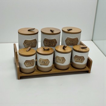 طقم علب تخزين المطبخ مع حامل خشبي – 7 قطع سيرميك 