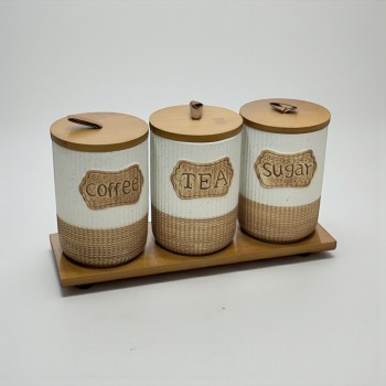 طقم علب تخزين المطبخ مع حامل خشبي – 4 قطع سيرميك