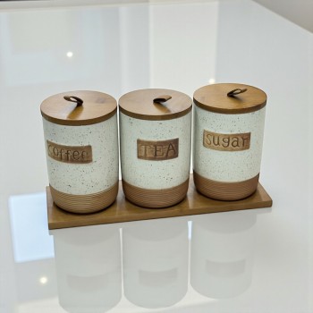 طقم علب تخزين المطبخ مع حامل خشبي – 4 قطع سيرميك 