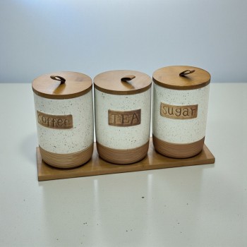 طقم علب تخزين المطبخ مع حامل خشبي – 4 قطع سيرميك طقم علب تخزين المطبخ مع حامل خشبي – 4 قطع سيرميك