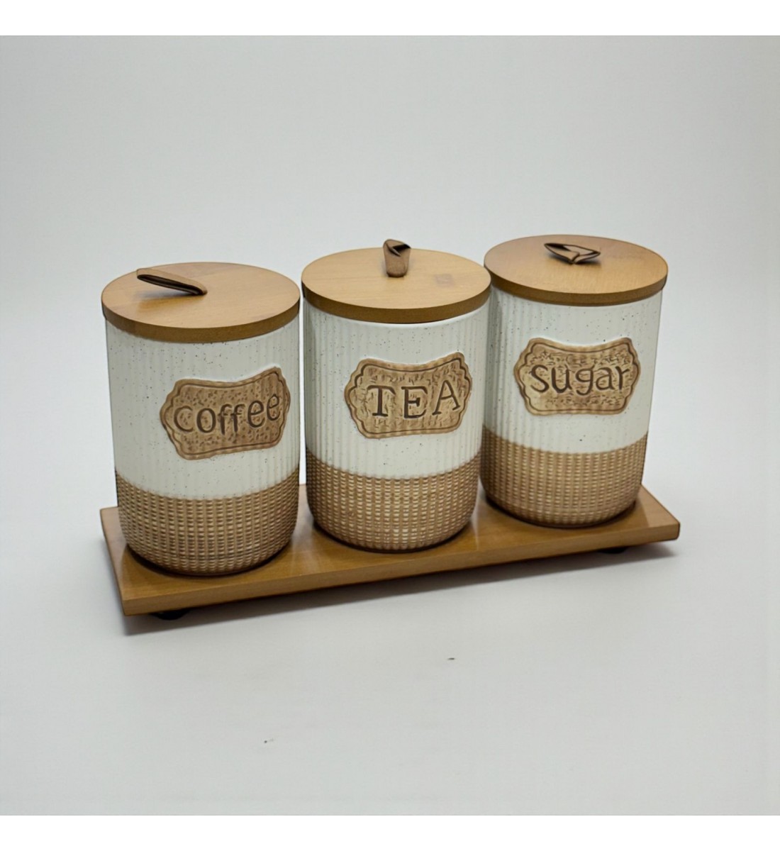 طقم علب تخزين المطبخ مع حامل خشبي – 4 قطع سيرميك 