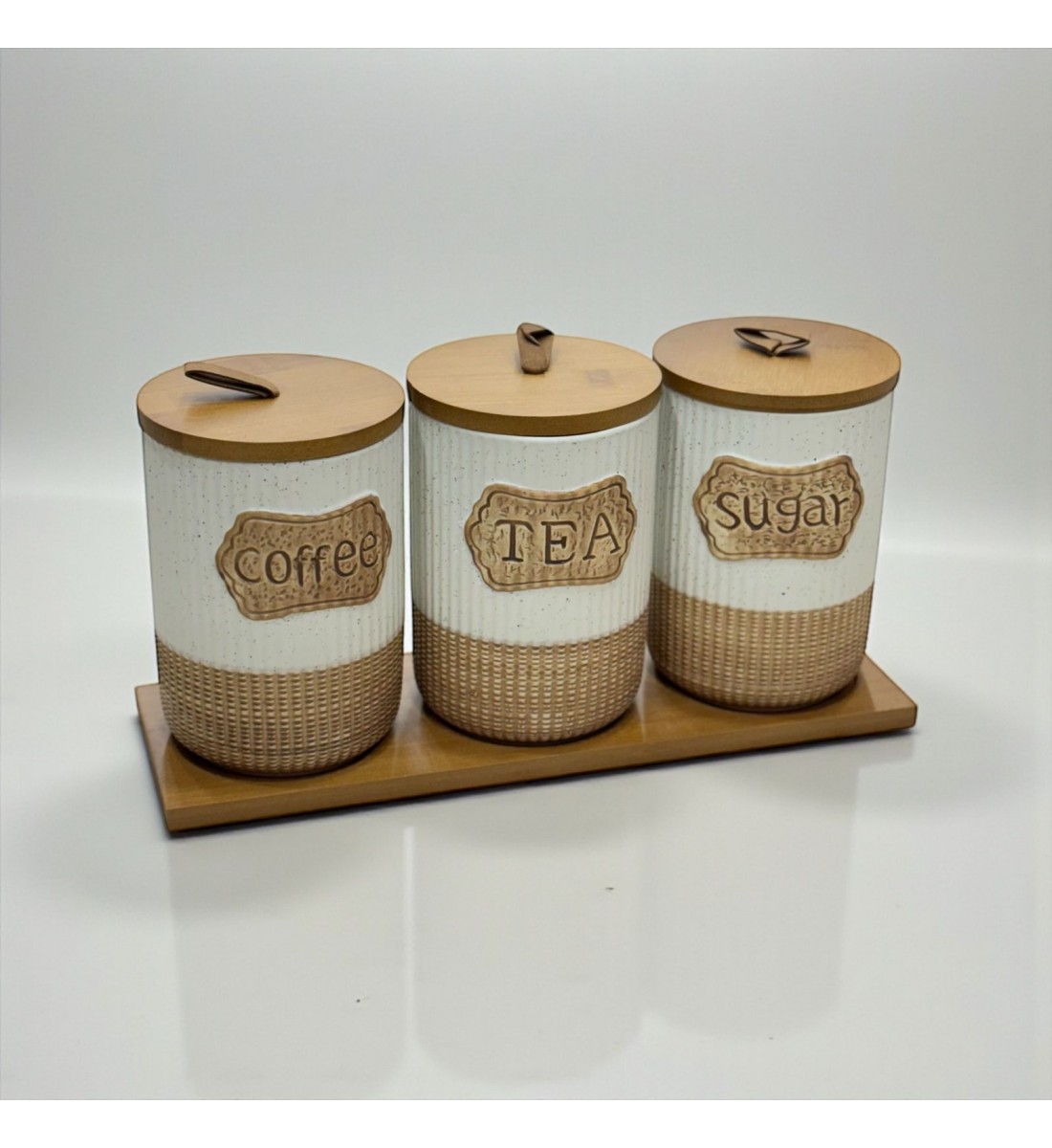 طقم علب تخزين المطبخ مع حامل خشبي – 4 قطع سيرميك 