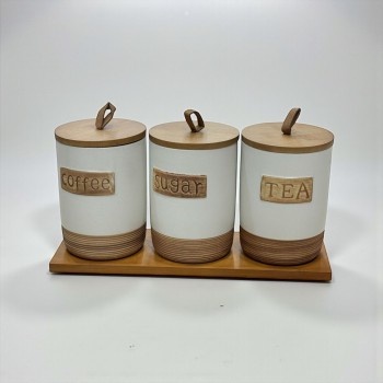 طقم علب تخزين المطبخ مع حامل خشبي – 4قطع سيرميك 