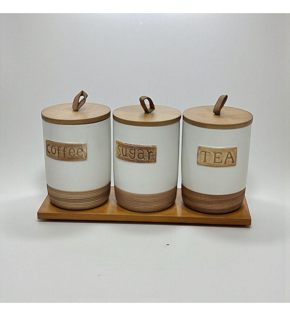 طقم علب تخزين المطبخ مع حامل خشبي – 4قطع سيرميك طقم علب تخزين المطبخ مع حامل خشبي – 4قطع سيرميك
