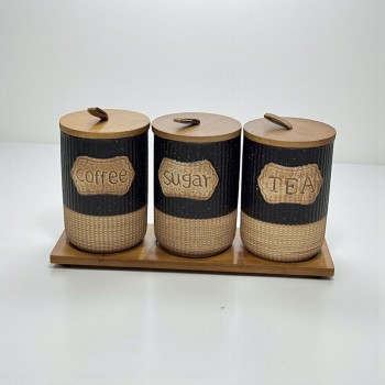 طقم علب تخزين المطبخ مع حامل خشبي – 4قطع سيرميك 