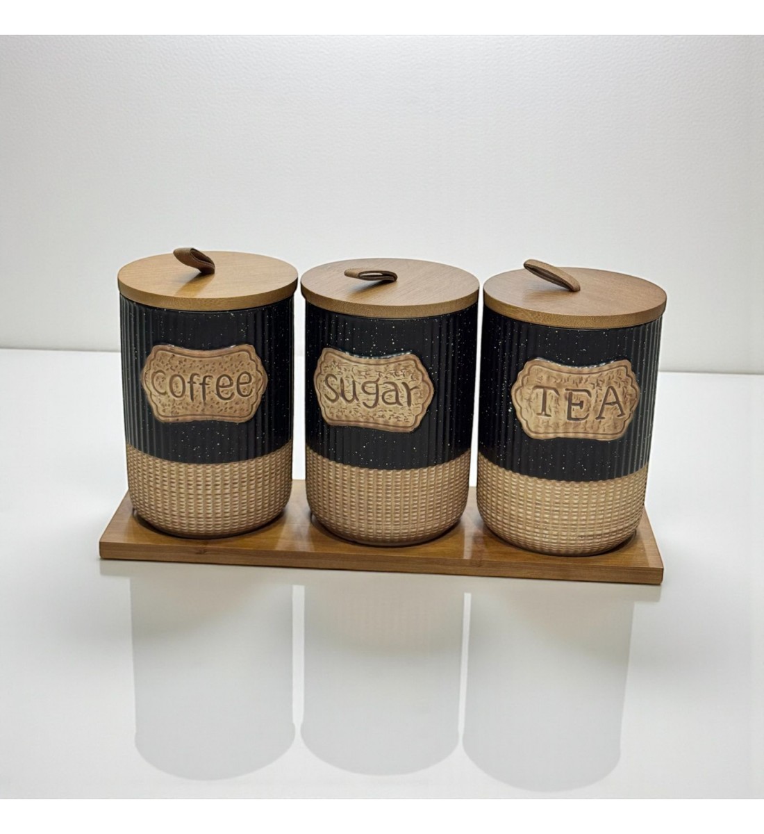 طقم علب تخزين المطبخ مع حامل خشبي – 4قطع سيرميك طقم علب تخزين المطبخ مع حامل خشبي – 4قطع سيرميك