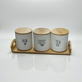 طقم علب تخزين المطبخ مع حامل خشبي – 4 قطع سيرميك