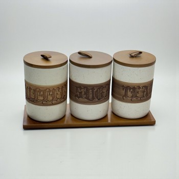 طقم علب تخزين المطبخ مع حامل خشبي – 4 قطع سيرميك 