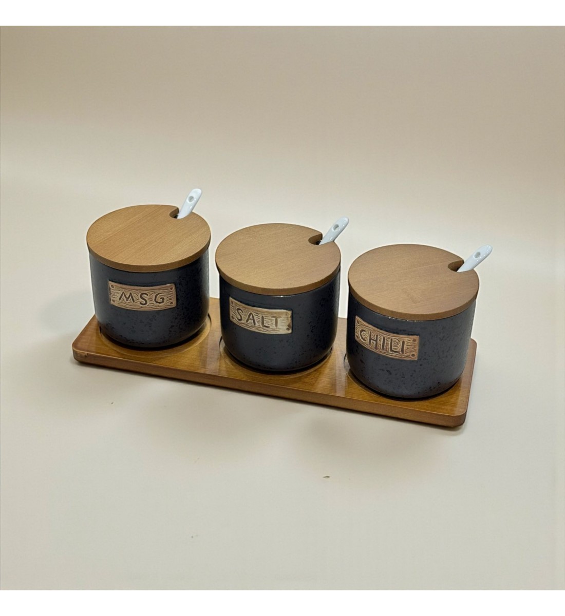 طقم علب تخزين المطبخ مع حامل خشبي – 7 قطع سيرميك 