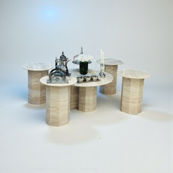 طاولة ديكور فاخرة بتصميم عصري من الحجر الطبيعي بلون بيج رخامي أنيق، 5قطع  قاعده جديد 